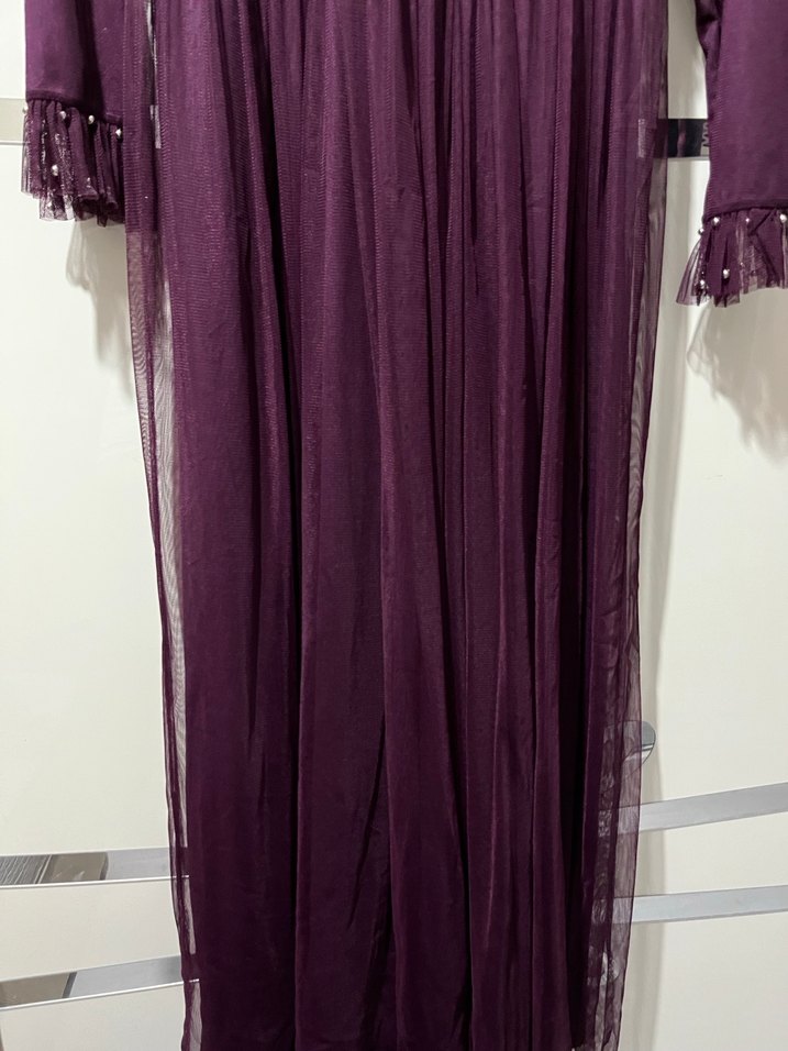 Uzun Kollu Mor Piliseli Abiye Elbise - Görsel 3