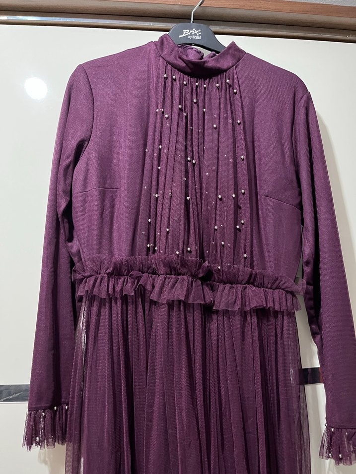 Uzun Kollu Mor Piliseli Abiye Elbise - Görsel 2