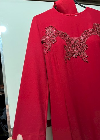 Kırmızı  Uzun Kollu Nakışlı Kadın Elbisesi - Görsel 3