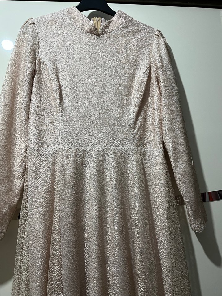 Krem renk Dantel Detaylı Uzun Kollu Elbise - Görsel 5