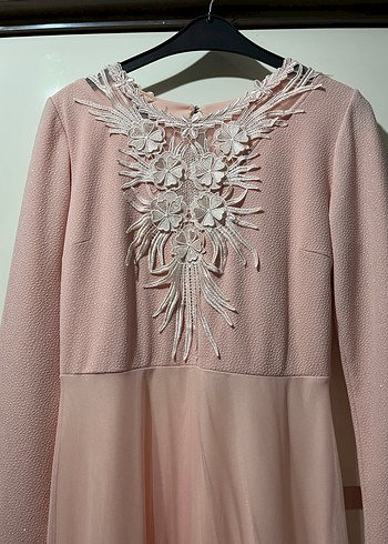 Dantel Detaylı Pudra Pembe Uzun Elbise - Görsel 2