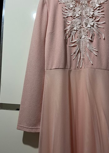 Dantel Detaylı Pudra Pembe Uzun Elbise - Görsel 3