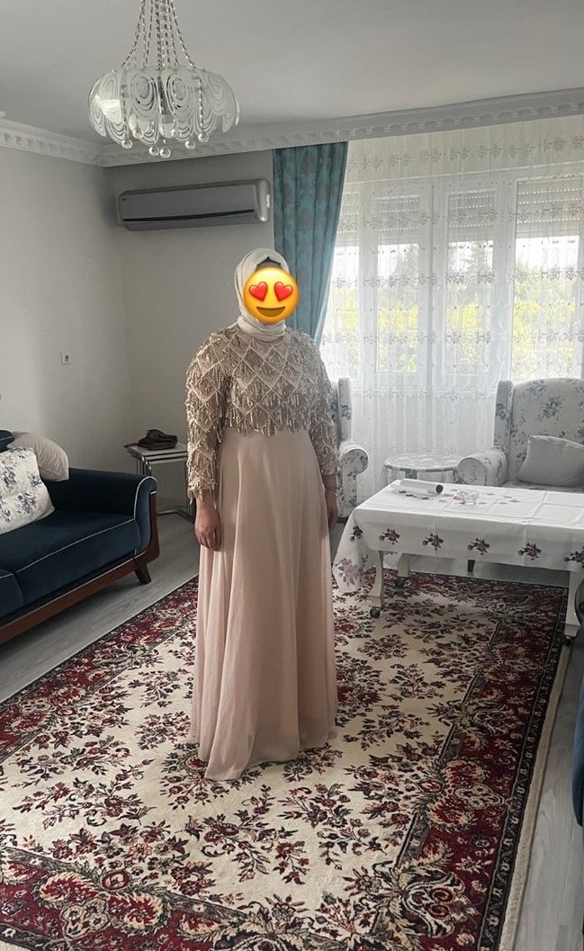 Krem renkte bohem tarzı  Abiye Elbise - Görsel 3