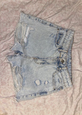 36 Beden Kadın Mavi Batik Desenli Mini Denim Şort