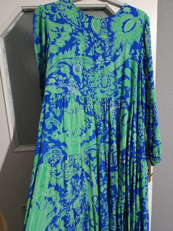 Bohem Uzun Kol Detaylı Mavi Elbise - Görsel 2