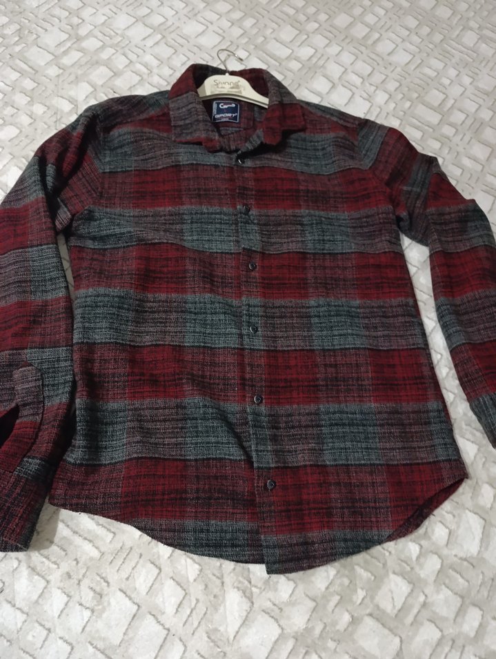 Erkek Bordo Gri Uzun Kollu Düğmeli Gömlek - Görsel 4