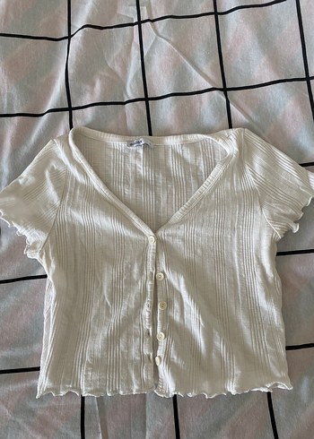 Düğmeli V Yaka Kısa Kollu Beyaz Crop