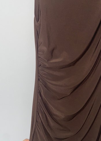 Bershka Kahverengi Drapeli Uzun Kadın Elbise