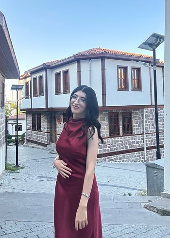 Bordo Saten V Yaka Uzun Elbise - Görsel 2