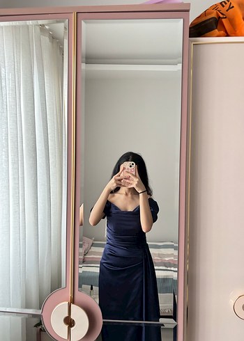 Lacivert Drapeli Uzun Elbise - Görsel 5