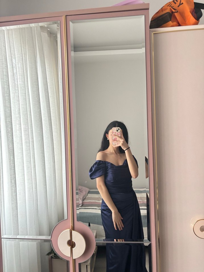 Lacivert Drapeli Uzun Elbise - Görsel 3