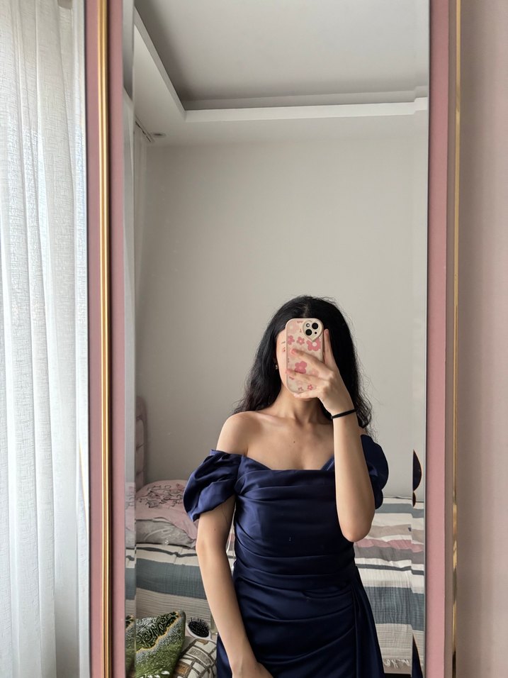 Lacivert Drapeli Uzun Elbise - Görsel 4