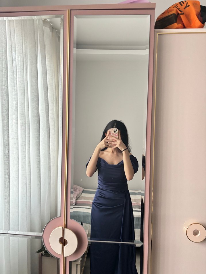 Lacivert Drapeli Uzun Elbise - Görsel 2