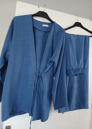 Mavi Keten Kadın Uzun Kollu Kimono