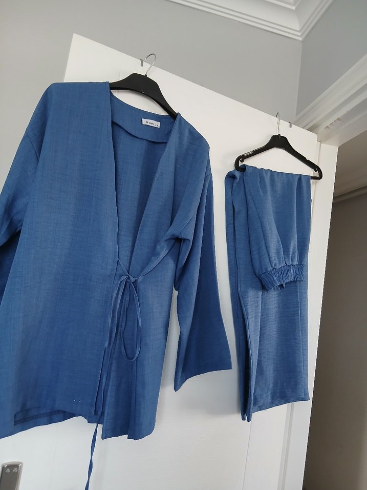 Mavi Keten Kadın Uzun Kollu Kimono - Görsel 2