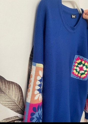 Nakışlı Bohem Mavi Kadın Triko ikili takım - Görsel 2