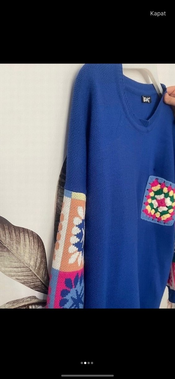 Nakışlı Bohem Mavi Kadın Triko ikili takım - Görsel 2