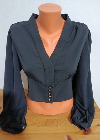 Siyah V Yaka Düğmeli Vintage Bluz