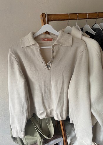 Düğmeli Bej Keten Kadın Kazak - Görsel 2