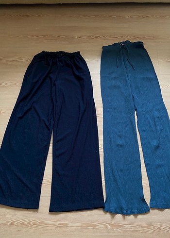 Kadın Mavi Keten Pilili Rahat Pantolon ikili - Görsel 2