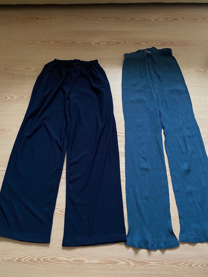 Kadın Mavi Keten Pilili Rahat Pantolon ikili - Görsel 2