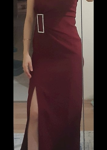 Trendyol Bordo Straplez Uzun Abiye Elbise