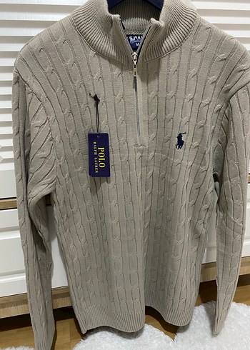 Bej Polo Yarım Fermuarlı Yün Kazak - Görsel 2