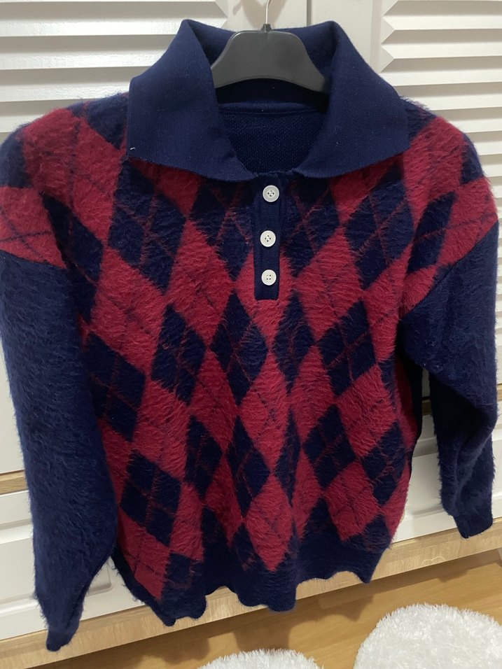 Bordo Lacivert Desenli Örgü Kadın Kazak - Görsel 2