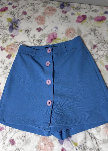 Düğmeli Mavi Mini şort Etek