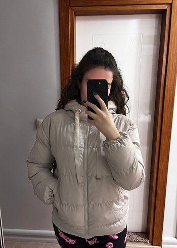 Ekru Puff Mont, Yüksek Yaka şişme mont - Görsel 4