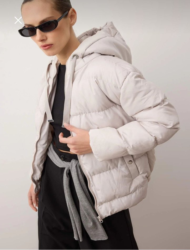 Ekru Puff Mont, Yüksek Yaka şişme mont - Görsel 2