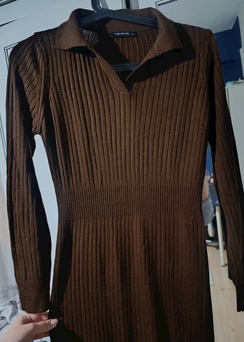 Kahverengi Uzun Kollu Triko Kadın Elbise - Görsel 2