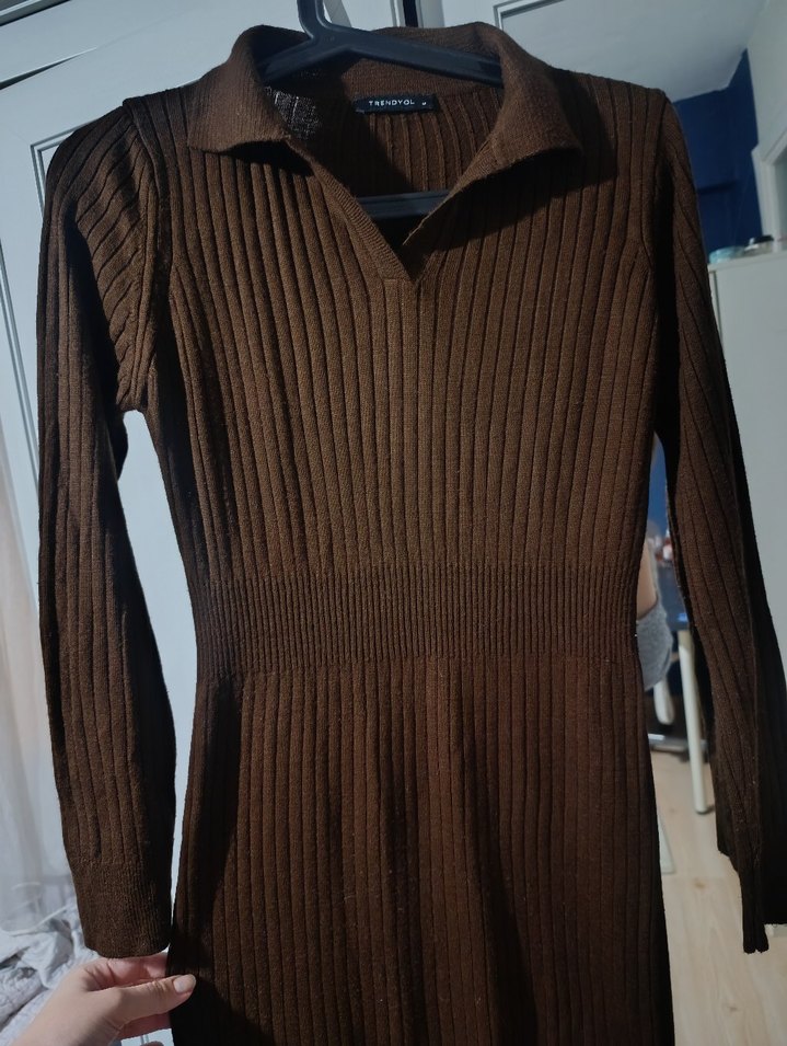 Kahverengi Uzun Kollu Triko Kadın Elbise - Görsel 2