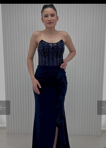 Nakışlı Drapeli Lacivert Uzun Abiye Elbise - Görsel 2