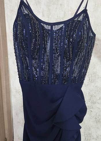 Nakışlı Drapeli Lacivert Uzun Abiye Elbise - Görsel 3