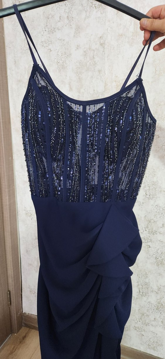 Nakışlı Drapeli Lacivert Uzun Abiye Elbise - Görsel 3