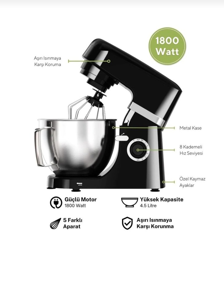 Siyah Mutfak Robotu hamur yogurma makinesi - Görsel 4