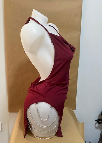 Bordo Drapeli V Yaka Midi Elbise - Görsel 2