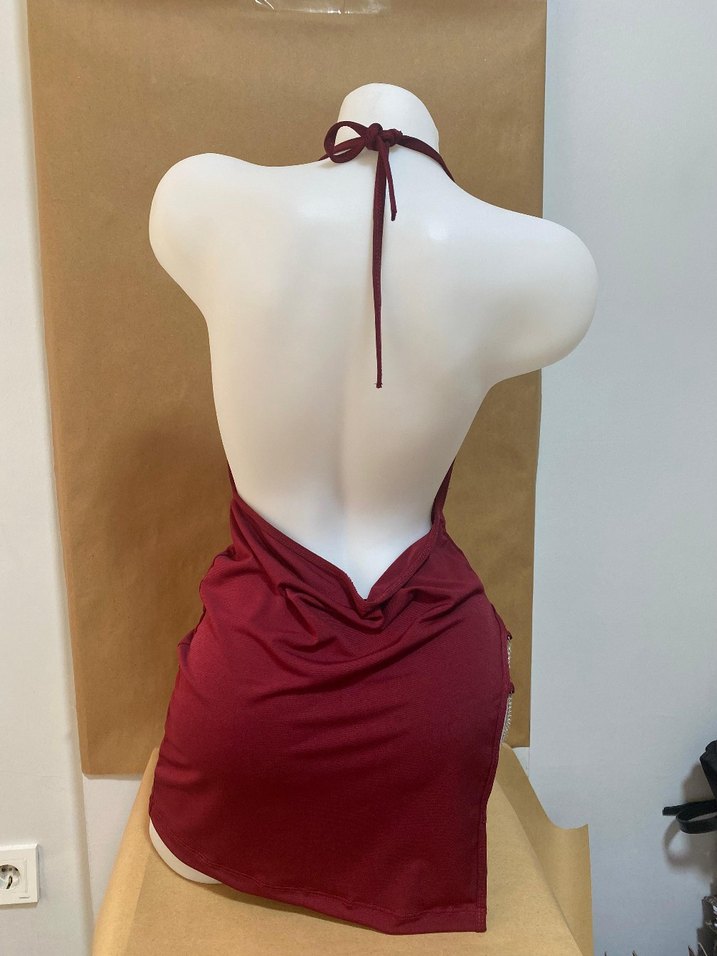 Bordo Drapeli V Yaka Midi Elbise - Görsel 3