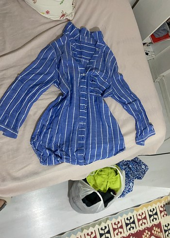 Mavi Çizgili Uzun Kollu Keten Gömlek - Görsel 4