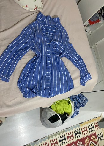 Mavi Çizgili Uzun Kollu Keten Gömlek - Görsel 3