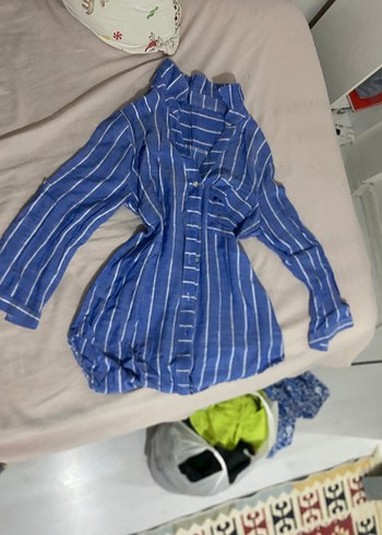 Mavi Çizgili Uzun Kollu Keten Gömlek - Görsel 2