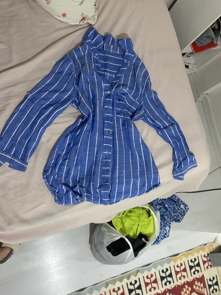 Mavi Çizgili Uzun Kollu Keten Gömlek - Görsel 4