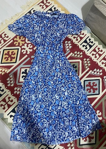 Mavi Bohem Uzun Elbise, Kısa Kollu, Fırfırlı - Görsel 2