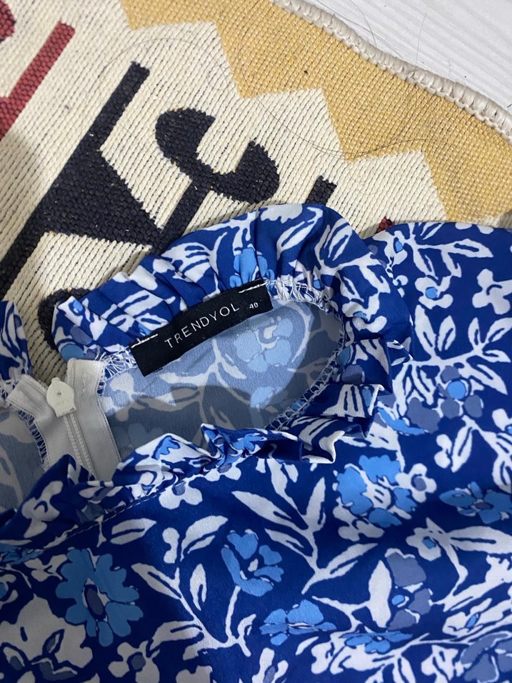 Mavi Bohem Uzun Elbise, Kısa Kollu, Fırfırlı - Görsel 3