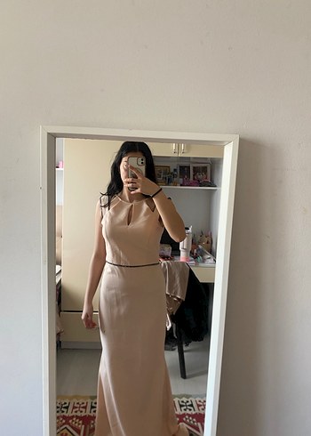 Bej V-Yaka Uzun Abiye Elbise - Görsel 2