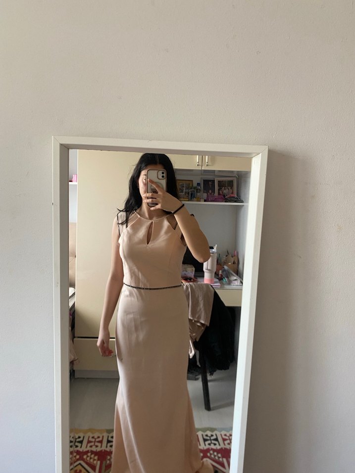 Bej V-Yaka Uzun Abiye Elbise - Görsel 2