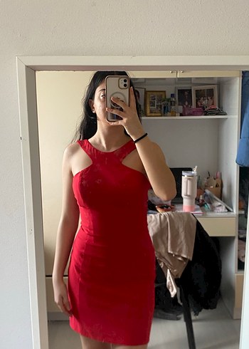 Kırmızı Parlak V Yaka Midi Elbise - Görsel 2