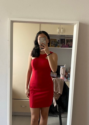 Kırmızı Parlak V Yaka Midi Elbise - Görsel 3