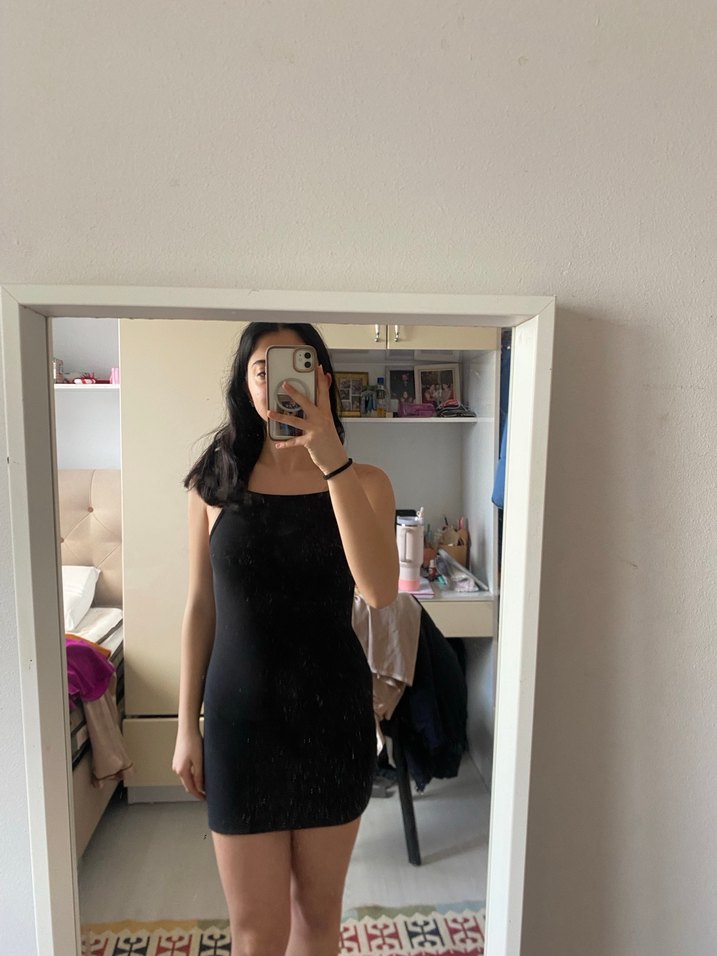 Siyah İnce Askılı Mini Elbise - Görsel 2